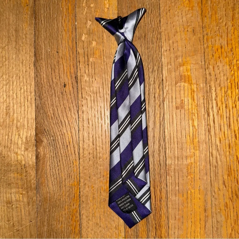 Little Boy’s Clip On Striped Purple, Silver and Black Tie #0784